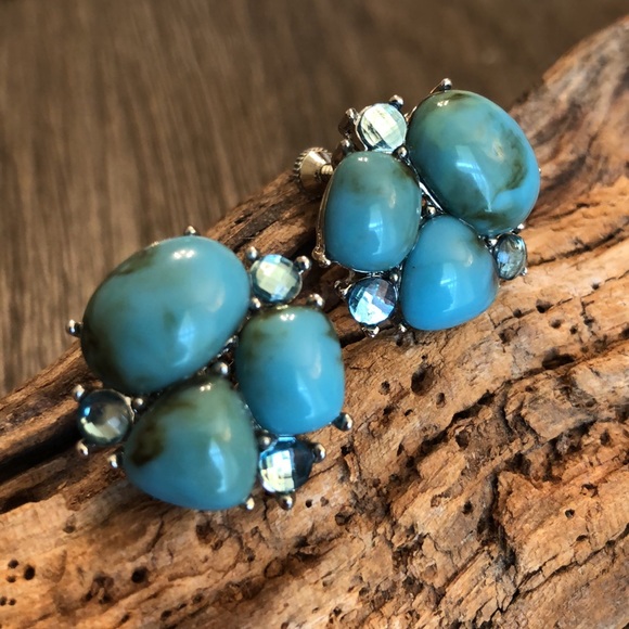 Faux Turquoise Clip Earrings Rhinestone Accents - Picture 2 of 8